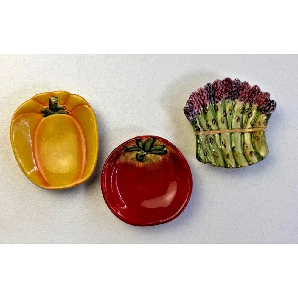 3 Pier 1 Hand Painted Veggie Plates Ironstone Tomato Pumpkin Asparagus Set Serve